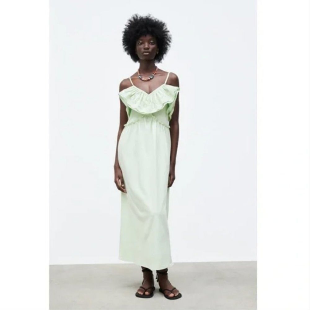 Zara Mint Green Ruffle Flounce Neck Eyelet Cotton Empire Waist Maxi Dress Size L